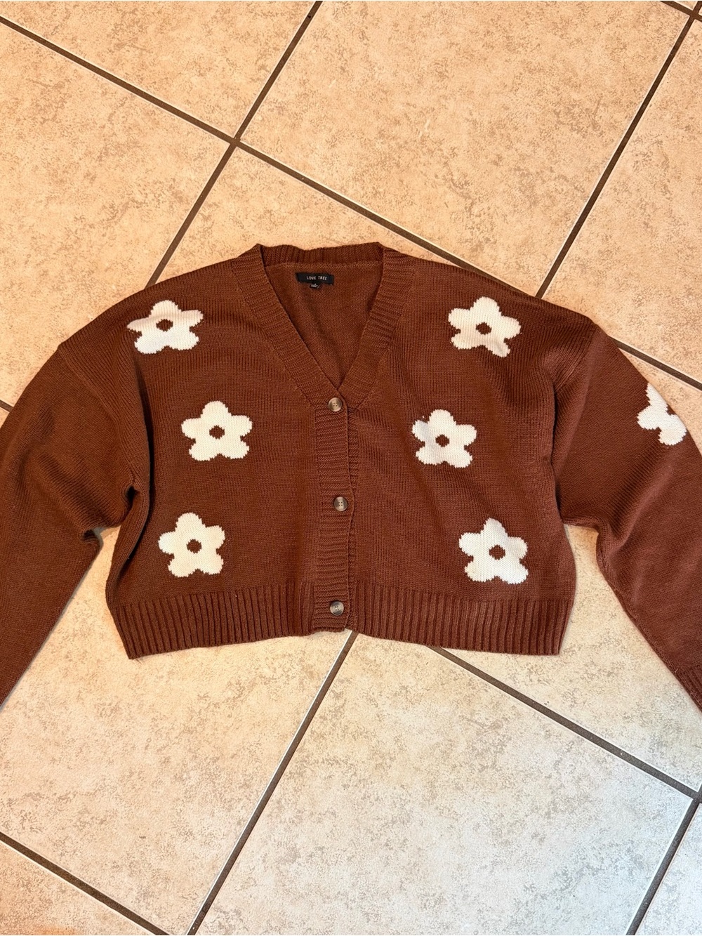 Love Tree Brown Cropped Cardigan with White Flowers